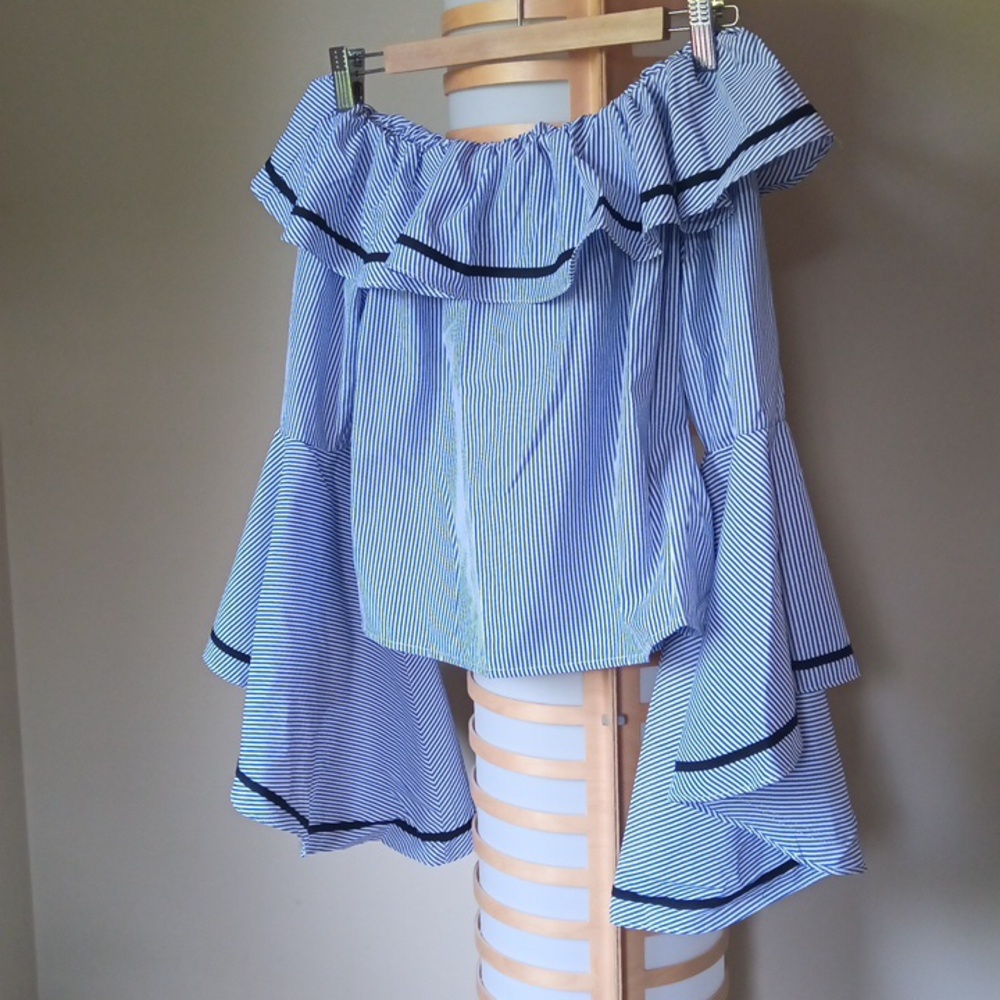 Ptp19" Striped Off-Shoulder Ruffled Blouse with Flared Sleeves - Picture 4 of 12